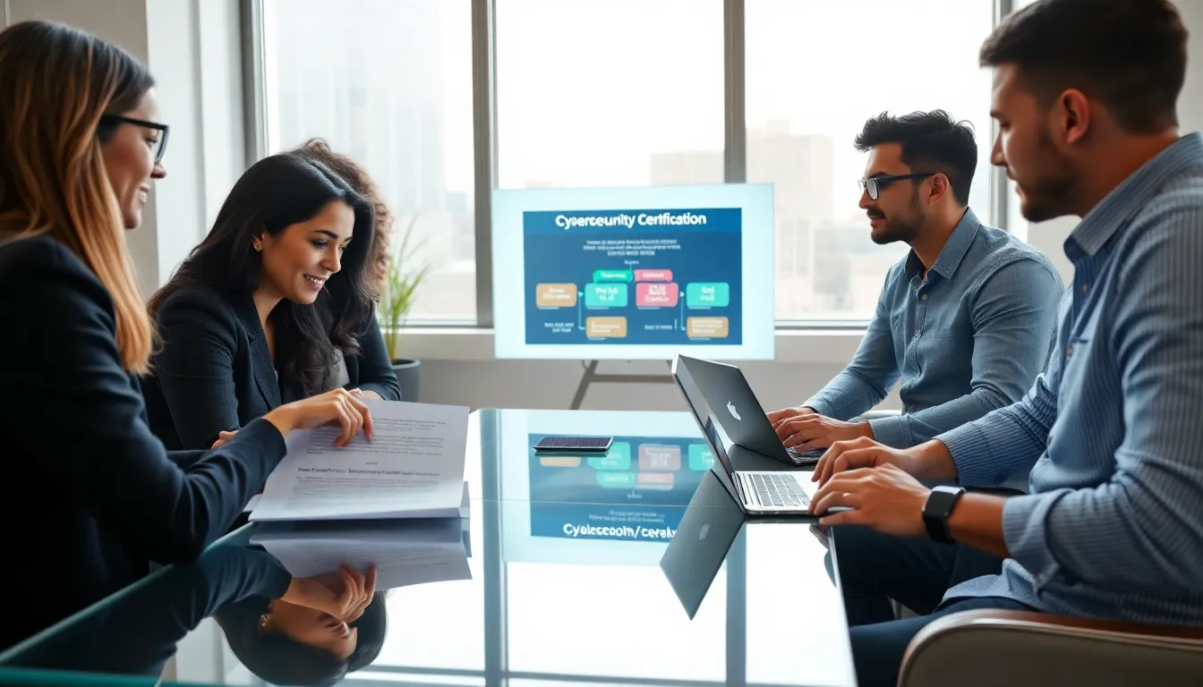 diverse professionals collaborating on cybersecurity certifications in an office.
