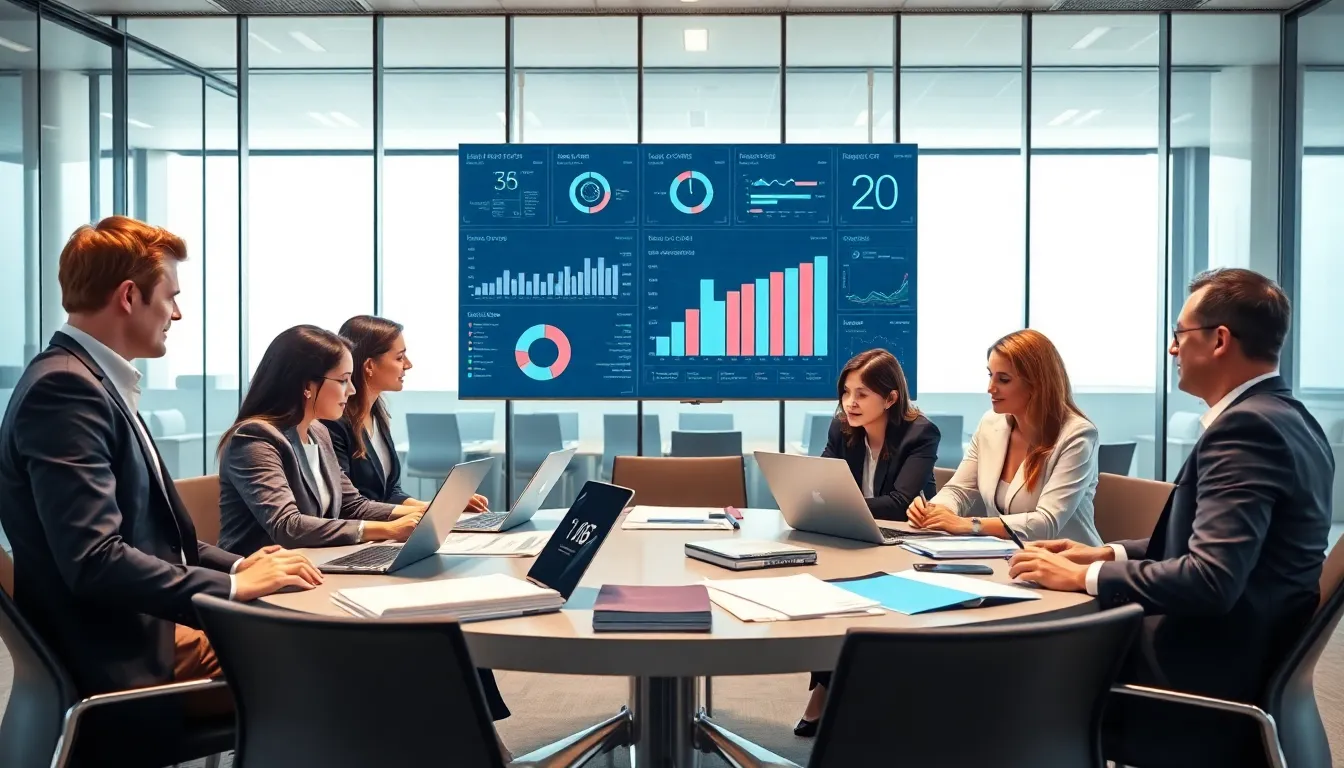 professionals collaborating over legal management software in a modern office.