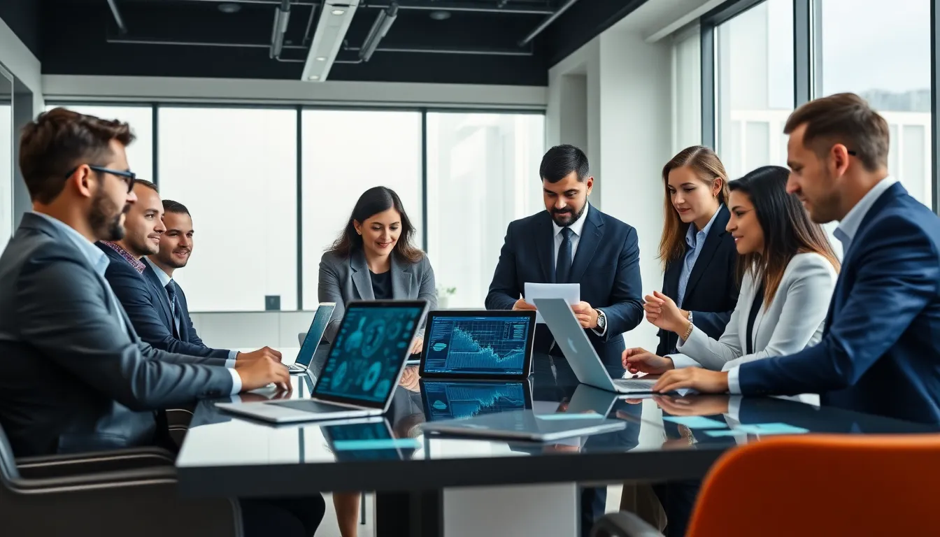 diverse cybersecurity professionals in a modern office discussing Kaspersky solutions.