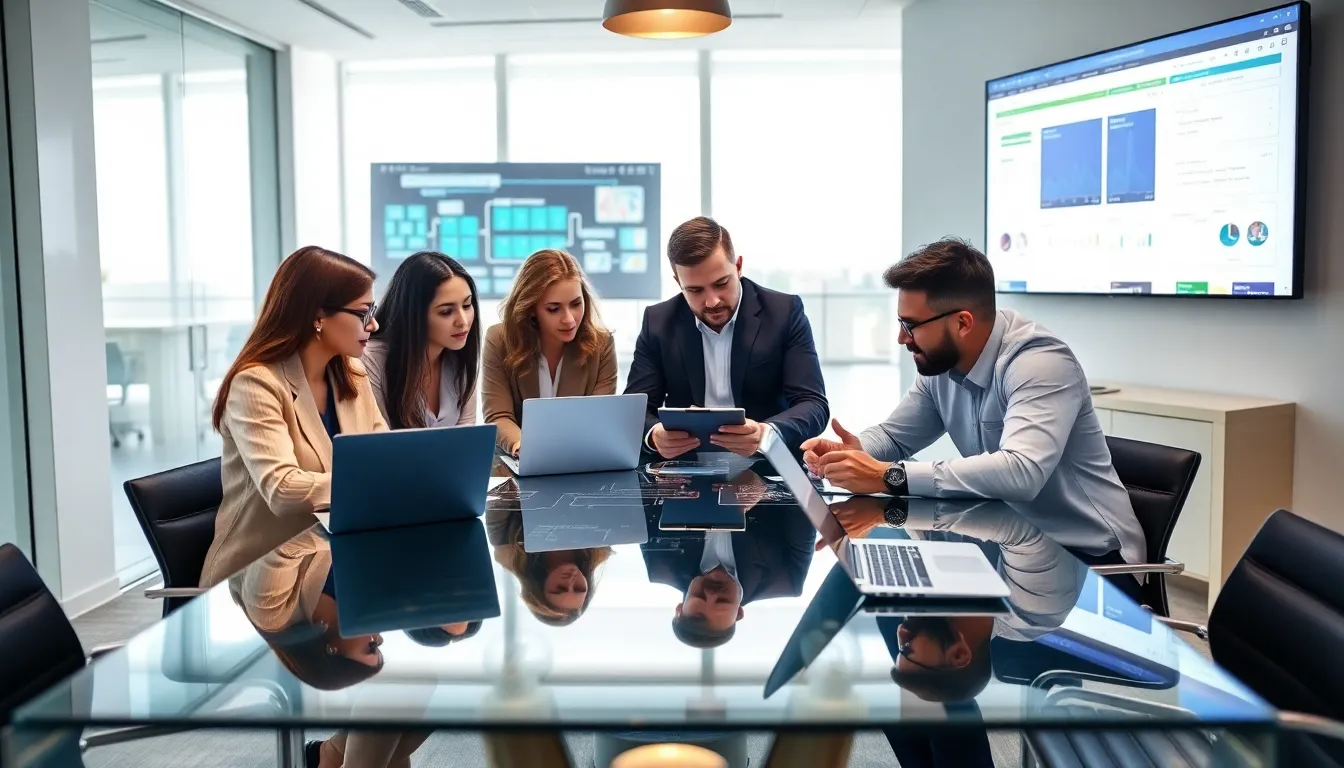 diverse team developing enterprise software in a modern office.