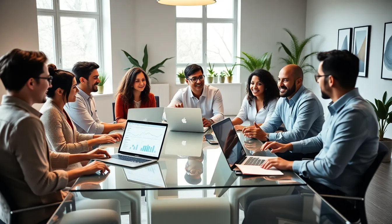 diverse team discussing enterprise subscription management in a modern office.