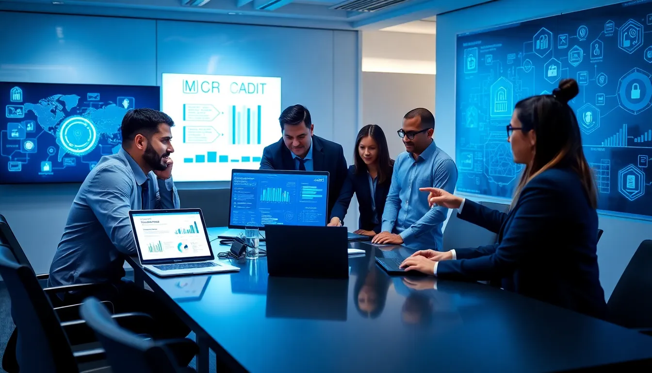 diverse cybersecurity team reviewing data in a modern office.