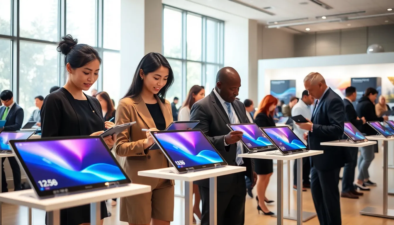 customers exploring Samsung tablets in a modern retail setting.