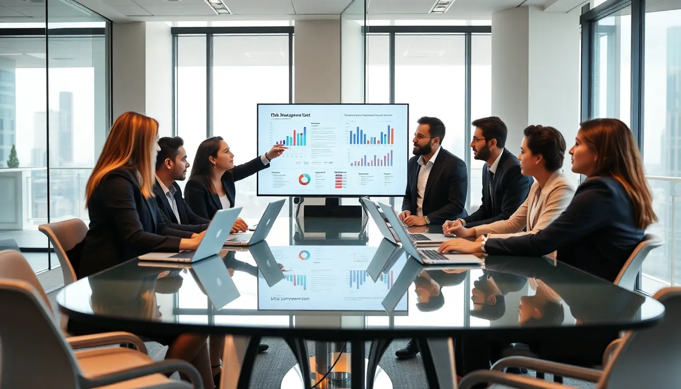 bank team discussing enterprise risk management strategies in a modern office.