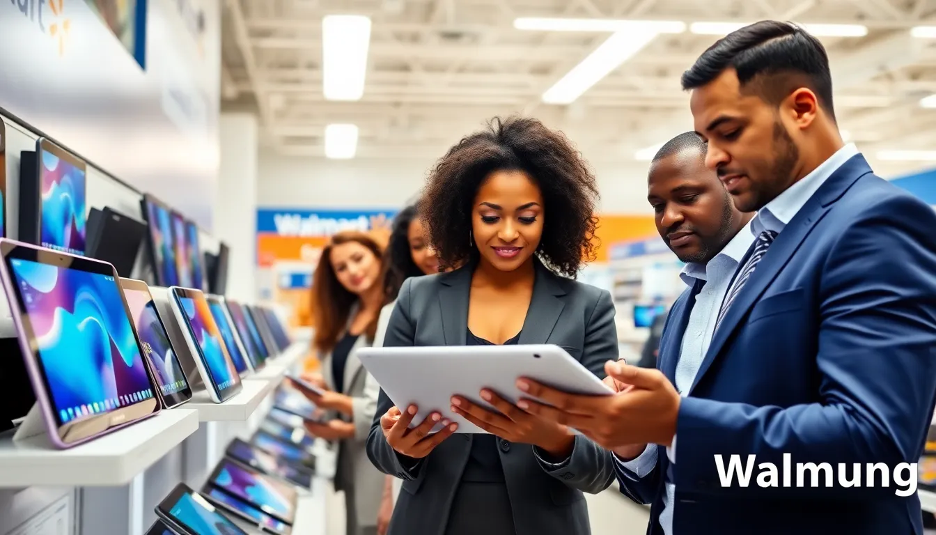professionals examining Samsung tablets in a Walmart electronics section.