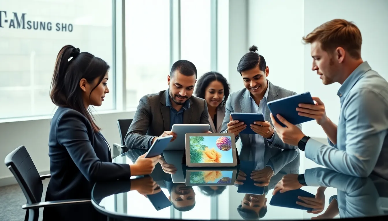 diverse professionals collaborating with Samsung tablets in a modern office.