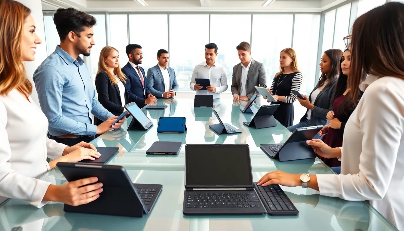 professionals discussing various types of Samsung tablet cases in a modern office.