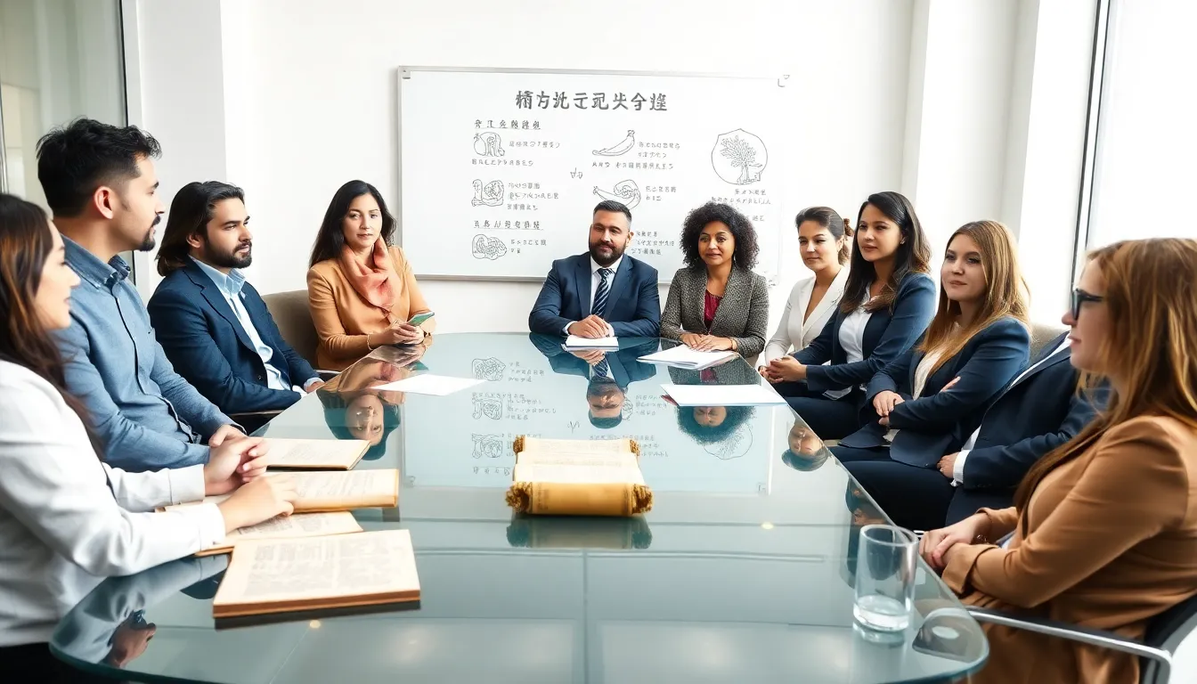diverse professionals discussing ancient history in a modern conference room.